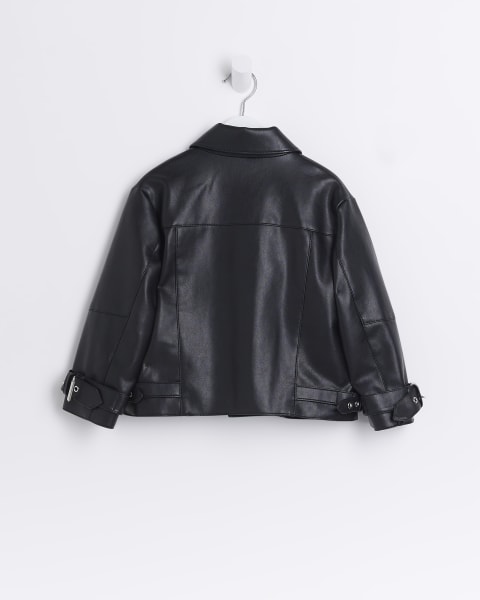 Mini Girls Black faux leather biker jacket