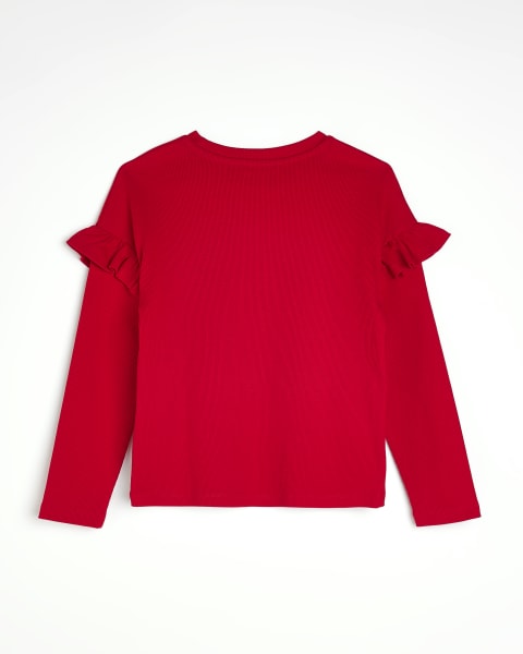 Girls Red Frill Long Sleeve Christmas Top