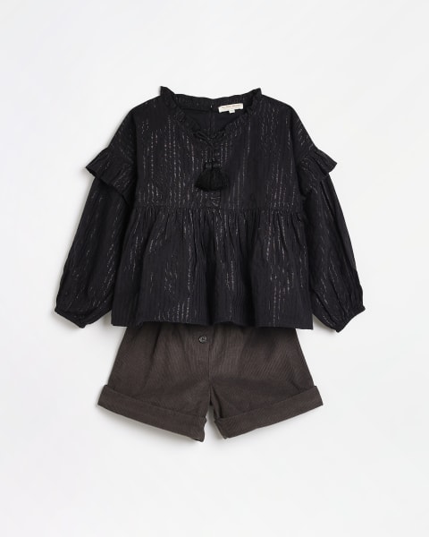 Girls Black Stripe Blouse and Shorts Outfit
