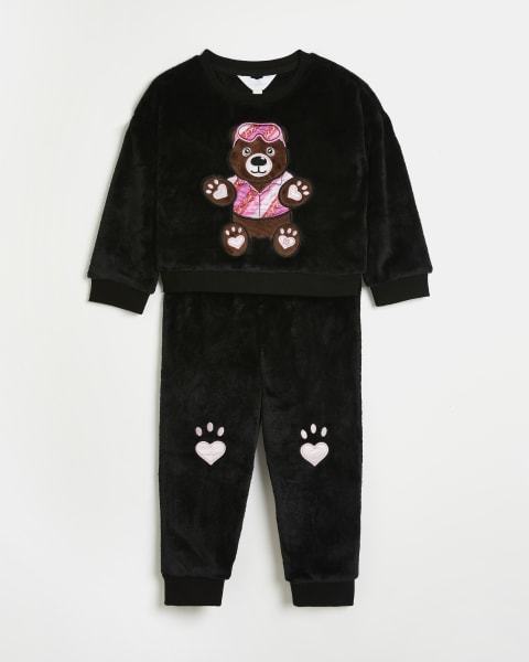 Mini girls black bear cosy sweatshirt set