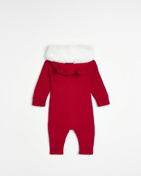 Baby Red Faux Fur Trim Cable Knit All In One