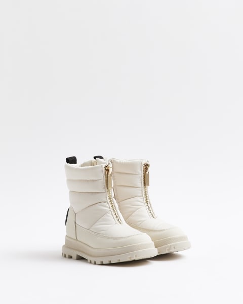 Mini Girls Cream Quilted Zip Front Snow Boots