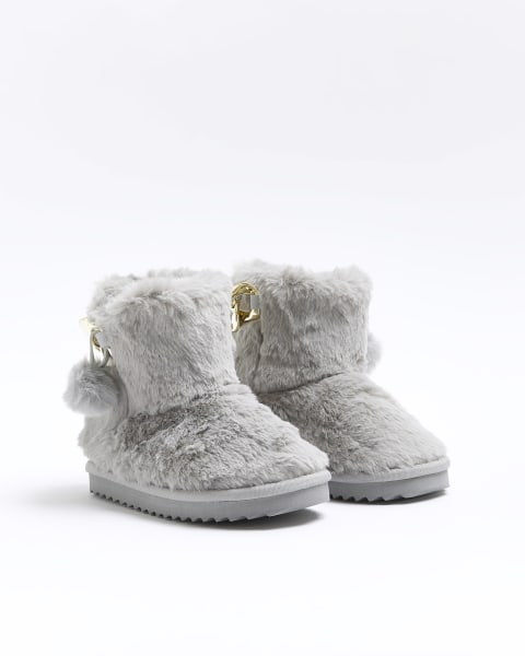 Girls grey faux fur high top slipper boots