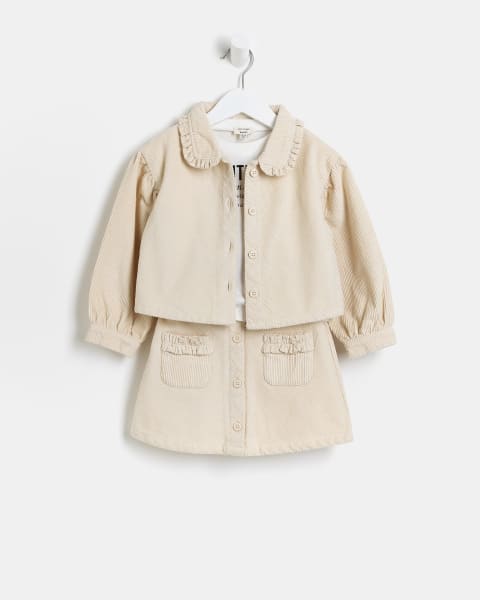 Mini girls brown shacket and skirt set