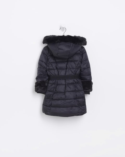 Mini Girls Black Faux Fur Trim Puffer Coat