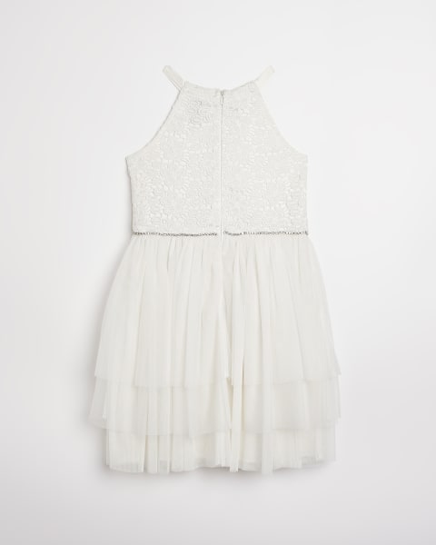 Girls cream tulle halter neck prom dress