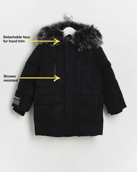 Mini boys black hooded padded parka jacket