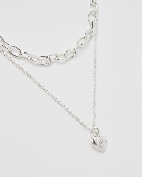 Girls silver coloured heart multirow necklace
