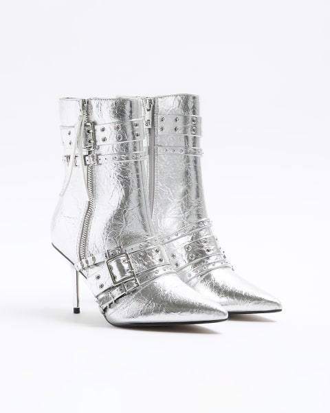 Silver buckle heeled ankle boots