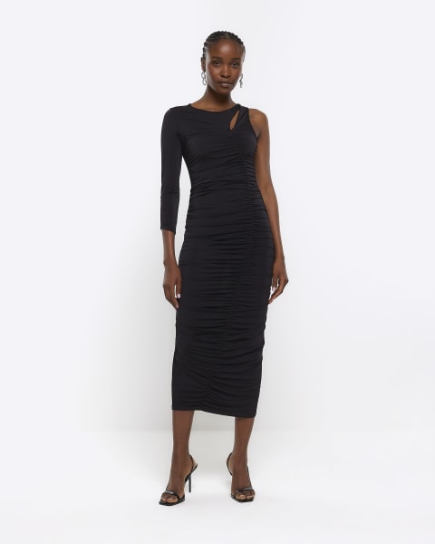 Black ruched cut out bodycon midi dress