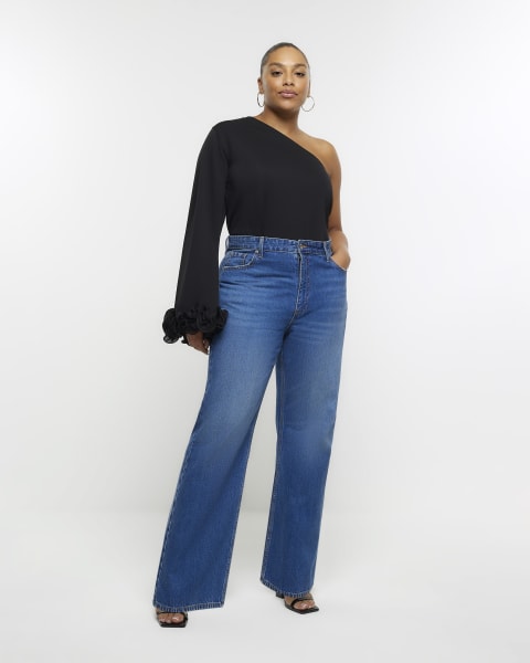 Plus black one shoulder corsage top