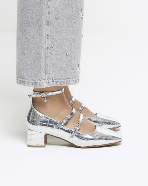 Silver strappy block heeled court shoes