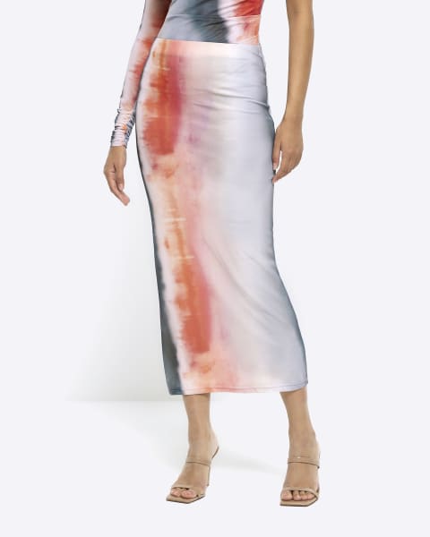 Red mesh abstract maxi skirt