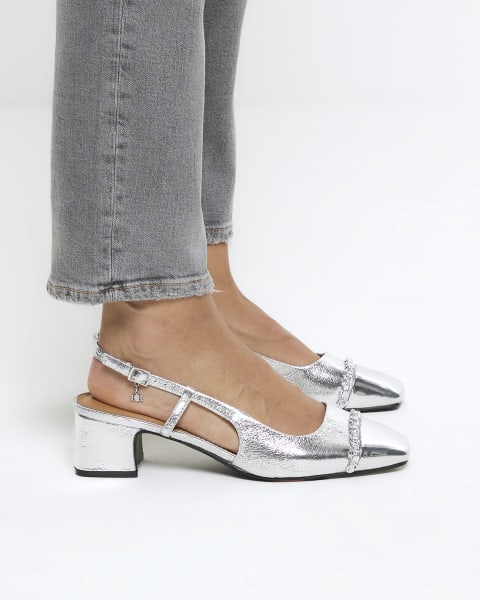Silver chain block heeled Sling back shoes