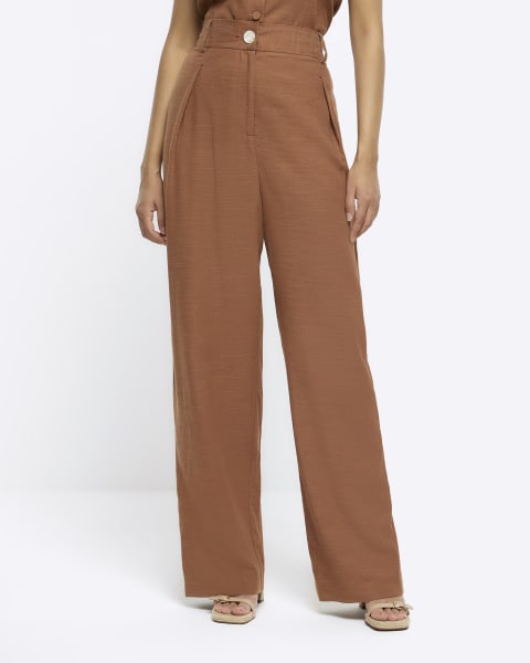 Brown wide leg trousers with linen blend