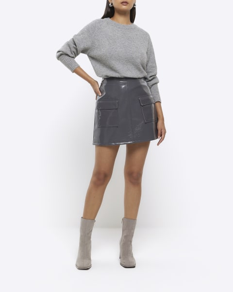 Grey patent utility mini skirt