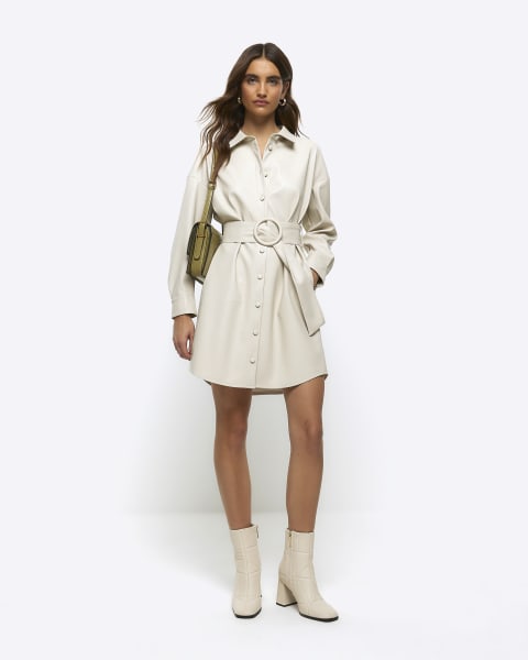 Ecru faux leather belted mini shirt dress