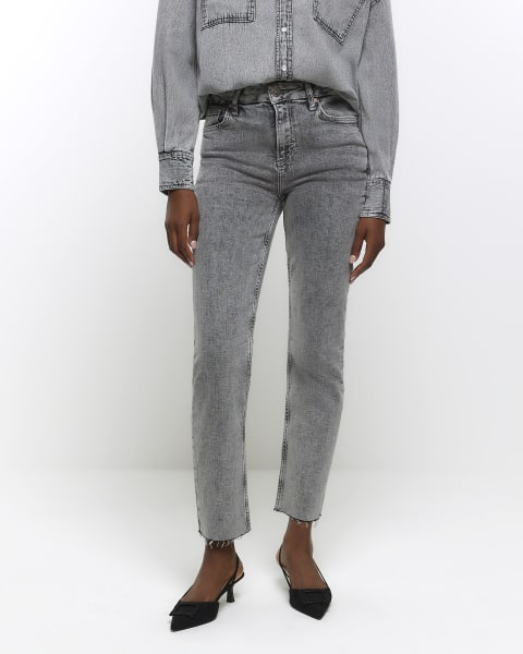 Grey high waisted slim straight jeans