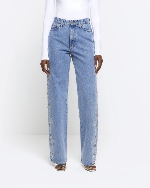 Blue embroidered relaxed straight jeans
