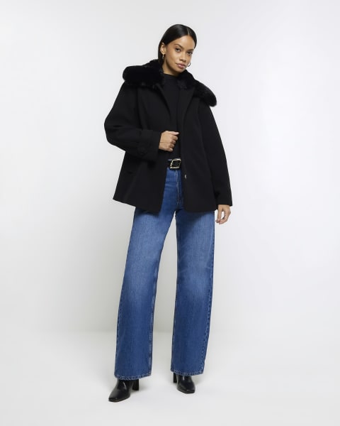 Black faux fur collar swing coat