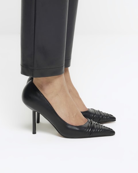 Black ruched heeled court shoes