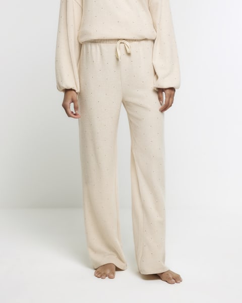 Beige diamante wide leg lounge trousers