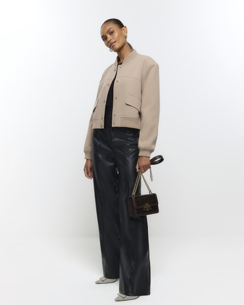 Brown tailored crop bomber jacket