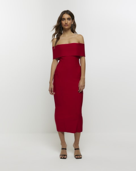 Red bardot maxi dress