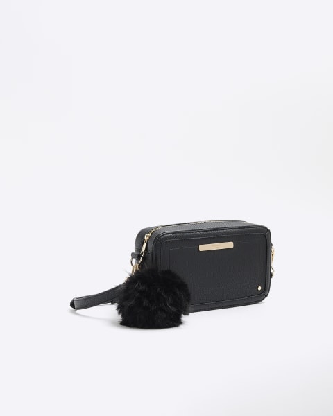 Black faux leather pom pom cross body bag