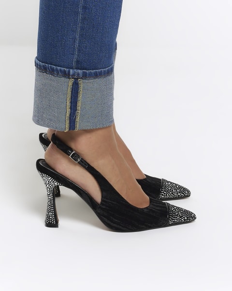 Black velvet diamante heeled court shoes