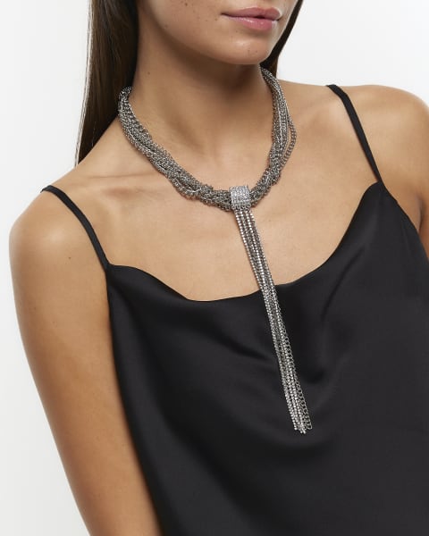 Silver diamante drape necklace