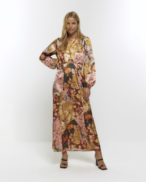 Brown floral cut out slip midi dress