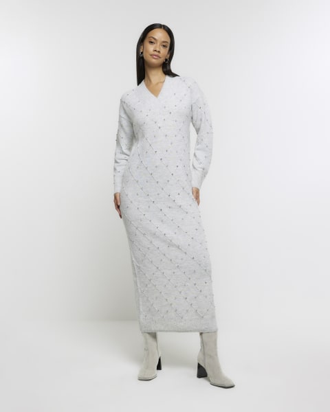 Grey diamante jumper midi dress
