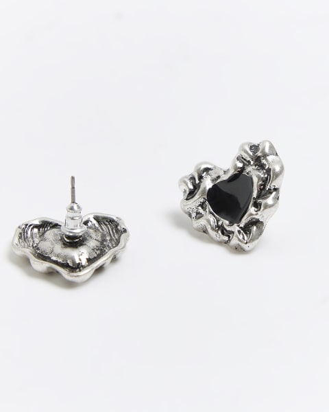Silver textured heart stud earrings