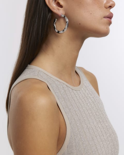 Silver textured hoop earrings