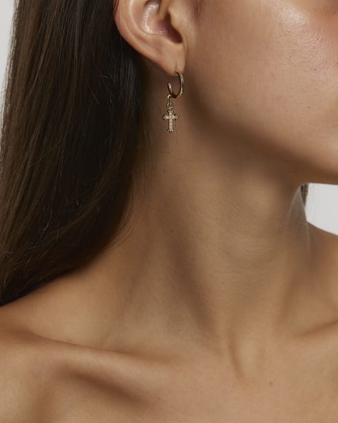 Gold key and cross hoop earrings multipack