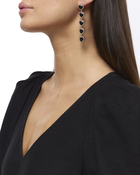 Black heart stone drop earrings