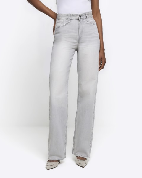 Grey faded high waisted straight jeans