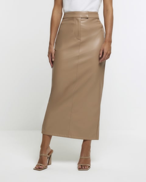 Petite brown faux leather midi skirt