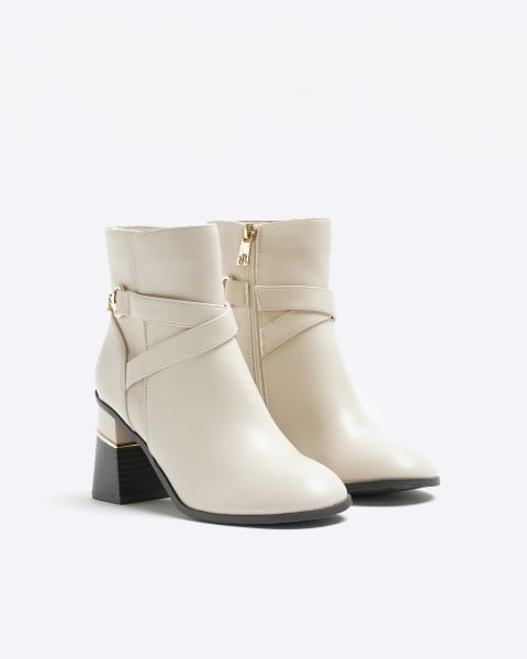 Cream wide fit chain block heeled boots