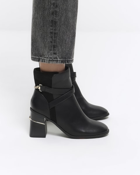 Black wide fit chain block heeled boots