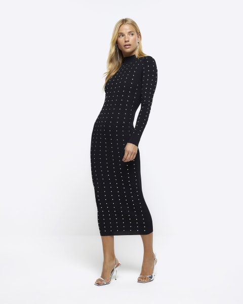 Black heatseal bodycon midi dress