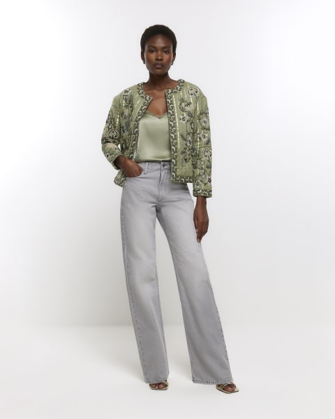 Khaki quilted embroidered floral jacket