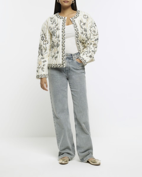 Cream quilted embroidered floral jacket