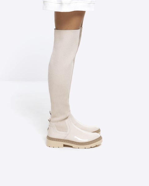 Cream knitted high leg boots