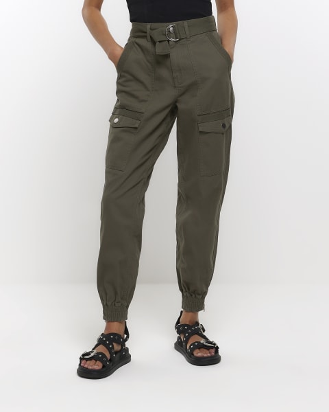 Khaki belted utility cuffed cargo trousers