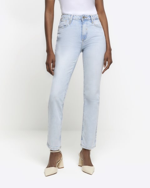 Blue high waisted slim fit straight jean