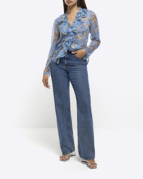 Blue floral frill blouse