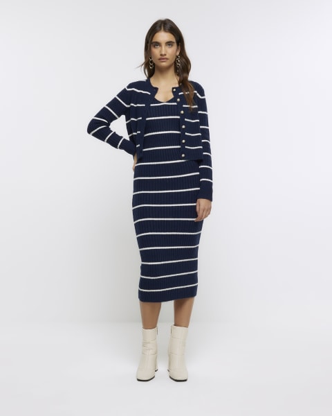 Navy knitted stripe bodycon midi dress set
