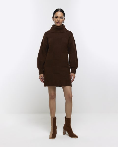 Brown textured roll neck jumper mini dress